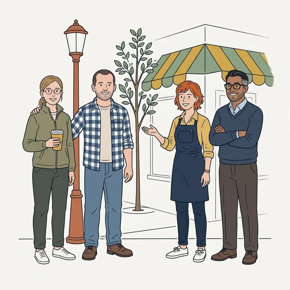 Marta, Tomek, Isla and Dev in front of the café on Mill Street